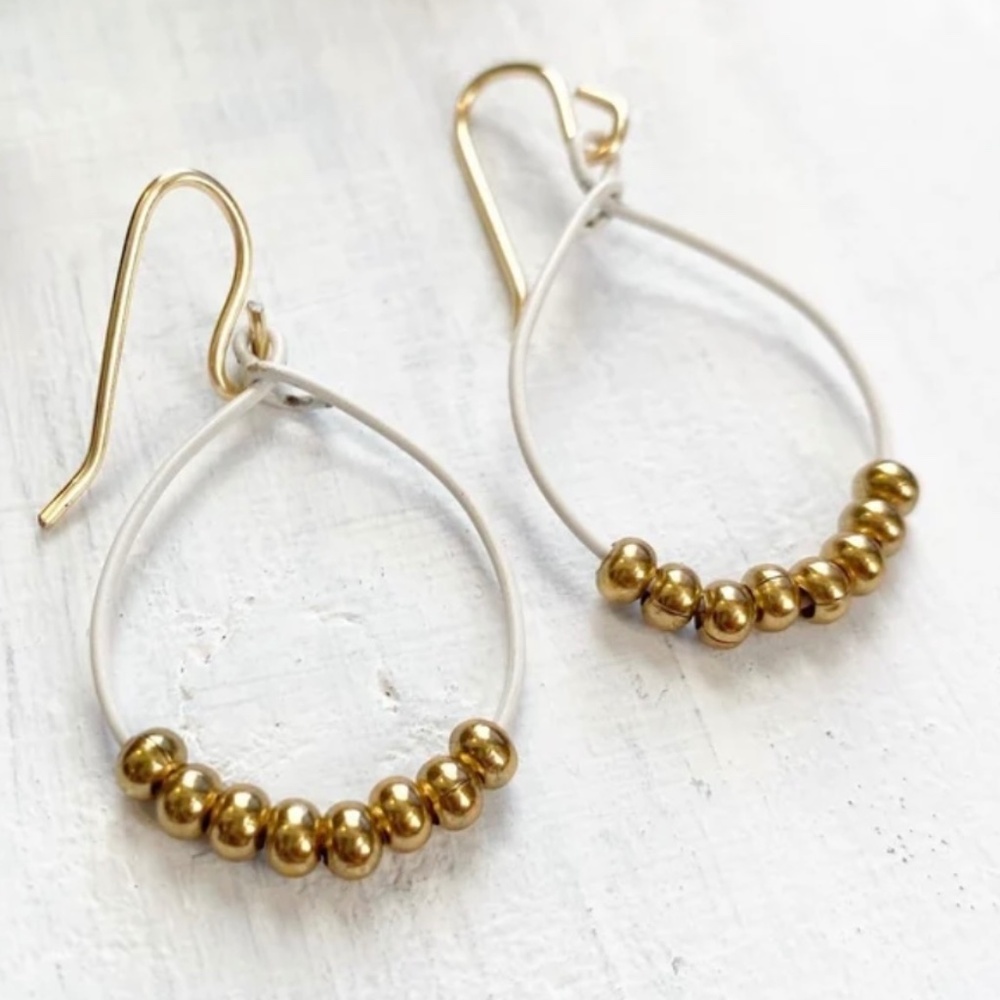 New Handmade Earrings White Wire Oval Drop Gold Bead Accents and French Hooks